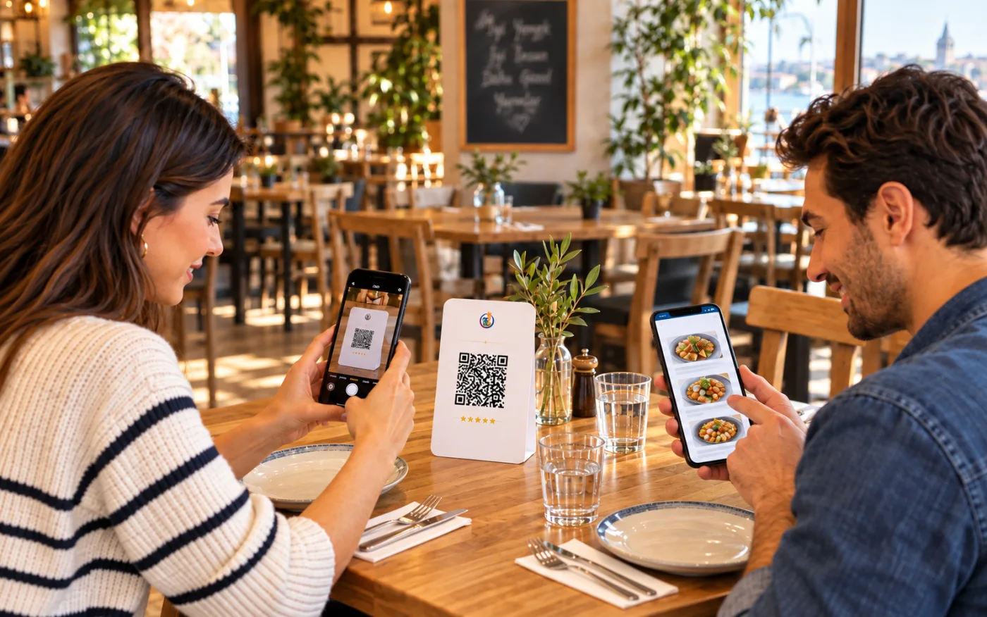 Restoranda masa üzerindeki QR kodla dijital menüyü açan misafirler